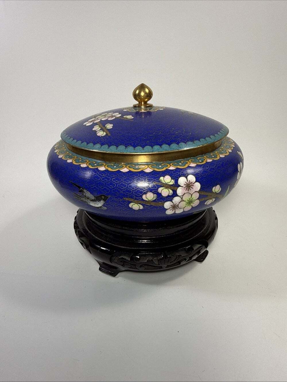 Chinese Cloisonné Enamel Lidded Bowl Jar Floral Deep Brass Vintage 6"